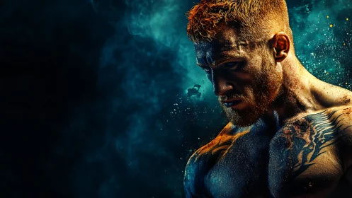 Brooding tattooed fighter amid teal smoke and sparks.