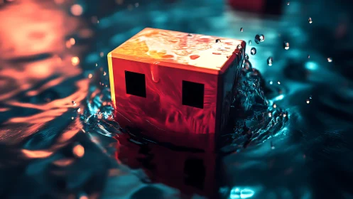 Geometric red cube with square cutouts partially submerged in water.