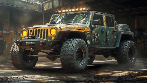 Lifted off-road Jeep truck in gritty urban garage scene.