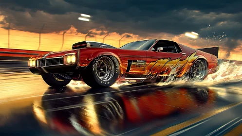 Muscle drag car racing on wet track at dramatic sunset.