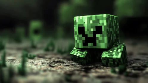 Blocky green creature model on textured outdoor ground surface.