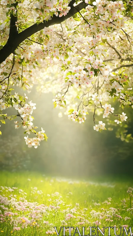 Spring blossom canopy over sunlit meadow in soft bokeh light.