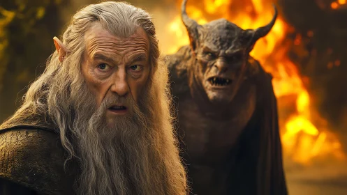 Elderly fantasy wizard confronted by demonic monster.