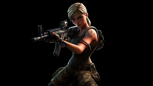 Game-ready soldier aims rifle under stark dramatic light.