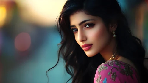 Portrait of elegant woman in embroidered pink sari at dusk.