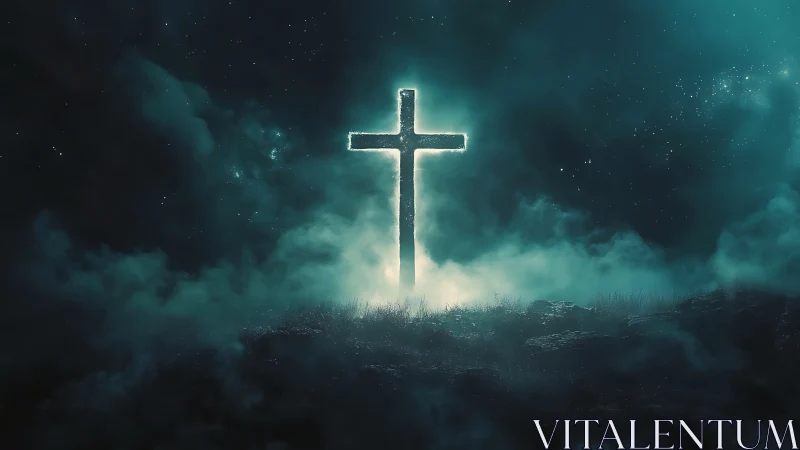 Luminous cross rises through midnight mist and starlit sky