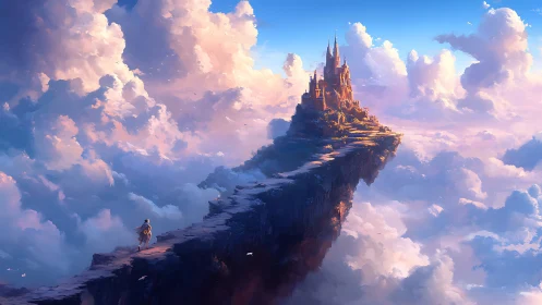 Lone traveler approaches a soaring castle above sunlit clouds
