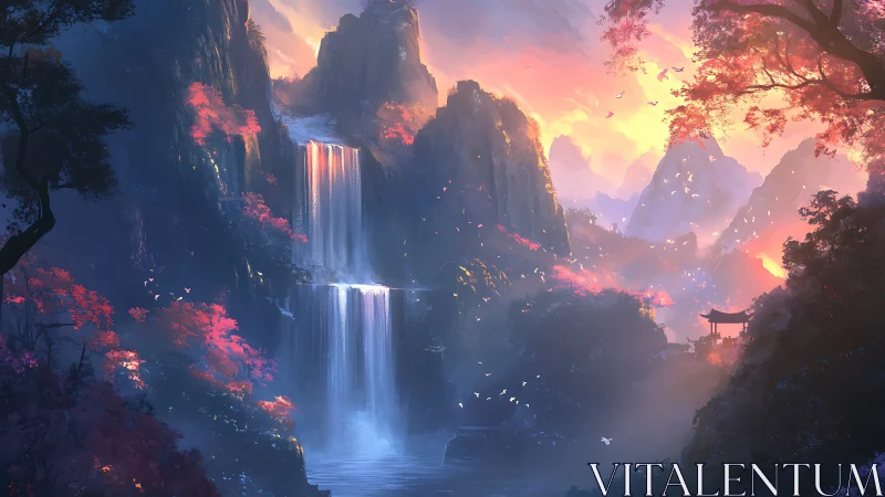 Digital painting of a misty twin waterfall valley at sunrise.