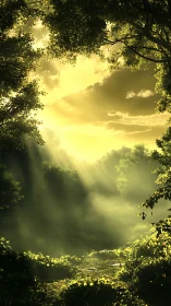 Golden sunrise rays pour through tranquil forest canopy.