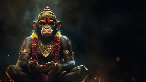Sacred monkey deity sits in embers with ornate gold regalia