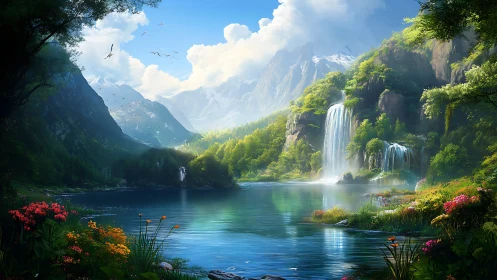 Waterfalls write silver music into a mirror-bright valley