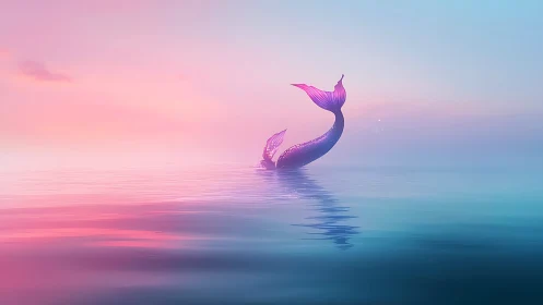 Mermaid tail rising in pastel pink and blue ocean horizon.