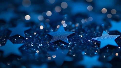 Metallic blue star confetti with shallow bokeh lighting.