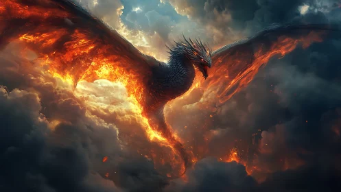 Volcanic phoenix dragon with molten wings in storm clouds
