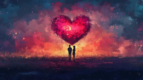 Two silhouettes face glowing red heart shape in dramatic sky