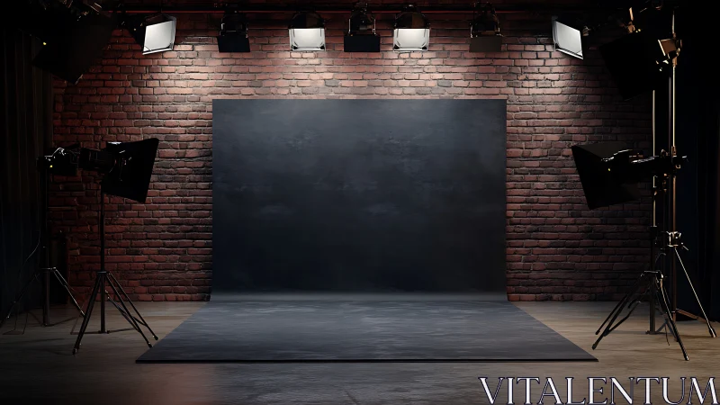 Studio backdrop on brick wall under dramatic lighting setup.