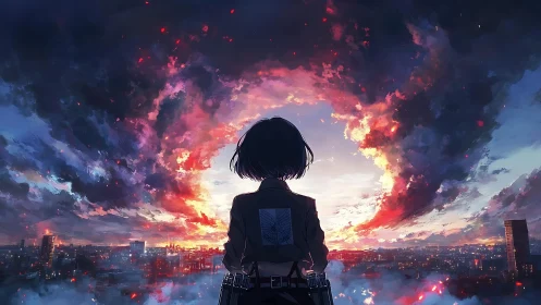 Solitary scout surveys storm-lit city under apocalyptic sky.