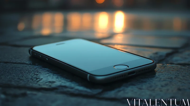 Smartphone on textured surface with bokeh light background.