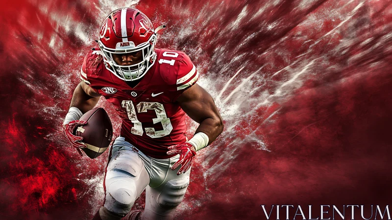 American football runner charges through crimson energy burst.