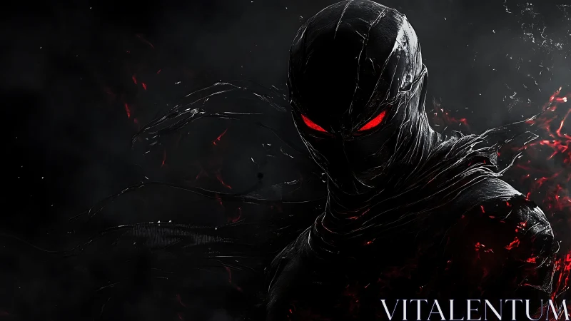 Shadow wraith with burning red eyes in swirling darkness.