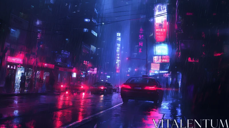 Neon-soaked cyberpunk street with reflective midnight rain.