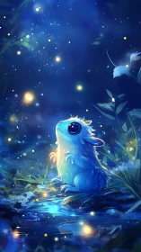 Bioluminescent forest creature observes drifting fireflies at dusk