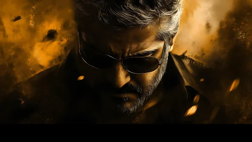 Cinematic male portrait in fiery gold smoke, sunglasses, vignetting