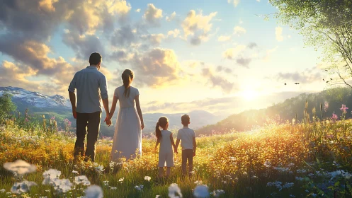 Four figures stand in a sunlit meadow facing distant hills