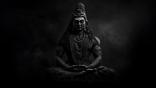 High contrast monochrome deity sculpture in meditative posture
