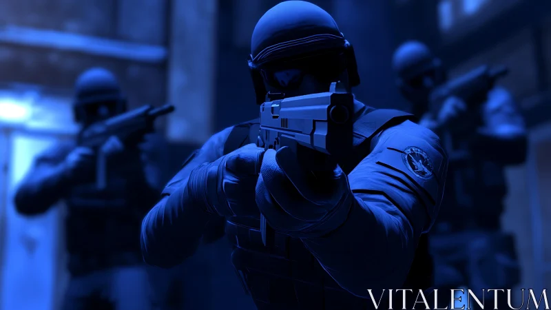 Tactical squad aims weapons under blue urban lighting.