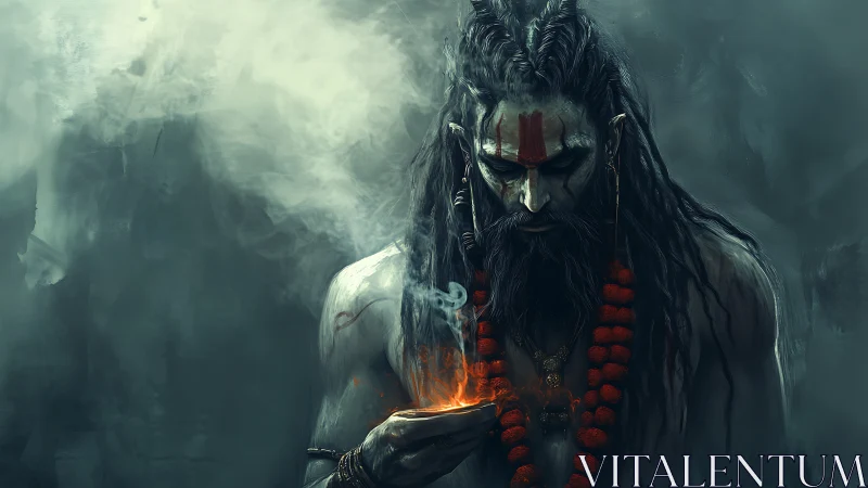 Ascetic firekeeper holds burning offering in rising smoke