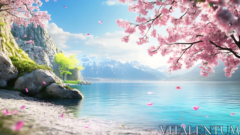 Mountain lake shoreline with cherry blossoms in spring.