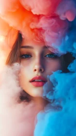 Portrait of a woman framed by dual-toned atmospheric color clouds
