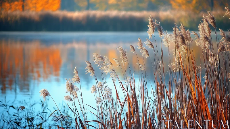 Golden Autumn Reeds by a Serene Lake, Soft Focus Nature Scene.