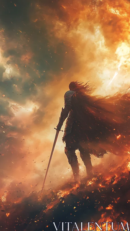 Armored lone warrior standing in a burning, ash-filled field.