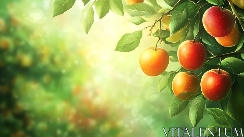 Sunlit orchard branch displays ripe golden-red apples in glow.