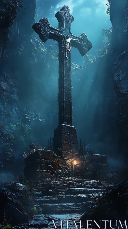Ancient stone crucifix in misty forest ravine at night.