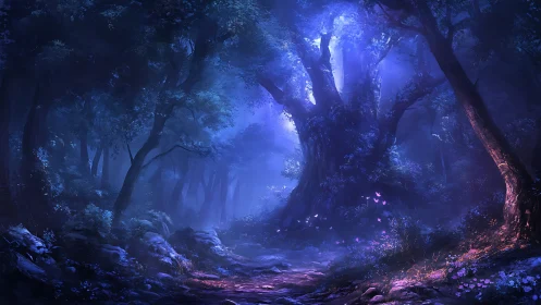 Luminescent forest pathway with crystalline flora and bioluminescent ambient lighting