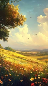 Digital painting of sunlit wildflower meadow and rolling valley.