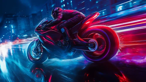 Neon storm motorcycle slices through a rain-glossed midnight city