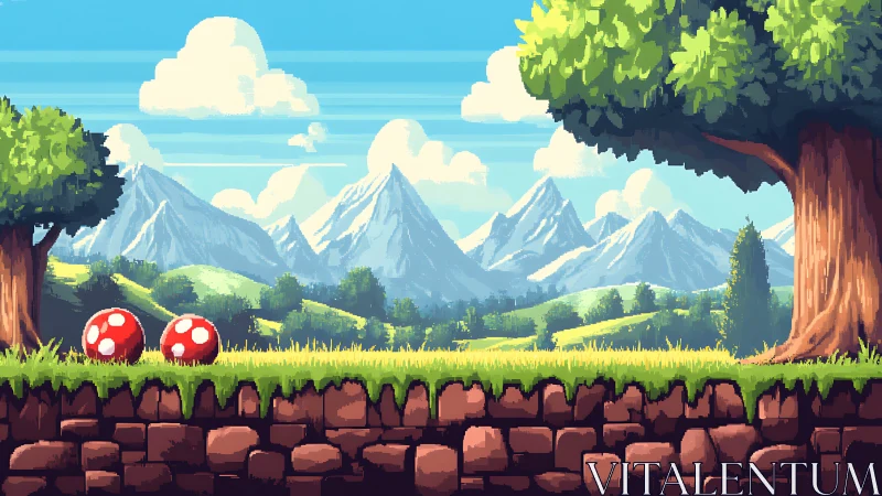Pixel art landscape with mushrooms, mountains, trees