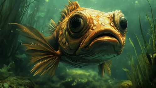 Big-eyed orange fish swims close in green underwater scene
