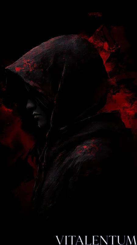 Hooded figure in shadow against abstract red backdrop.