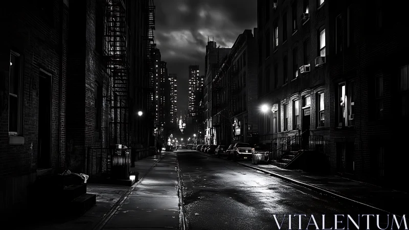 Noir city side street in rain-slick quiet at nightfall.