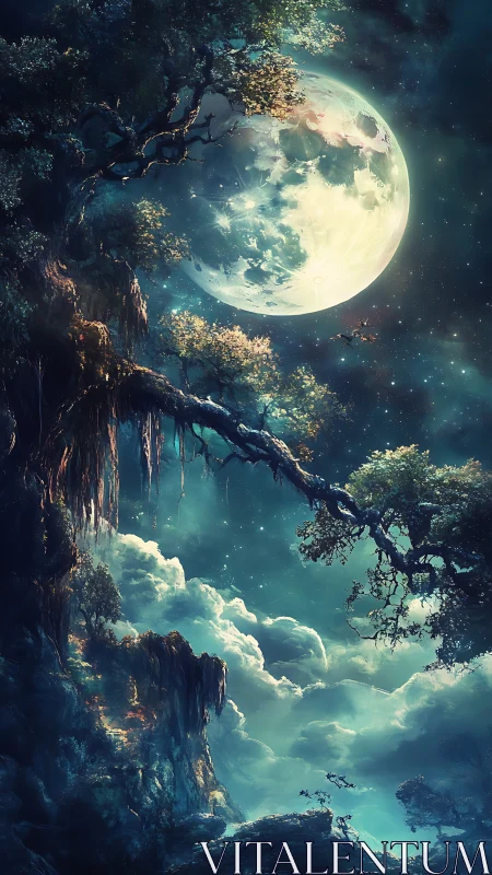 Moonlit forest leans toward a drifting, dream-bright sky