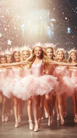 Synchronized pink ballet ensemble under glittering stage snow.