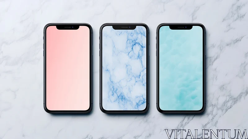 Triple smartphone mockup aligns gradient and marble displays