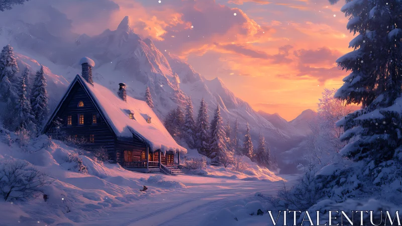Snowlit cabin dreams beneath a flaming alpine sunset sky.