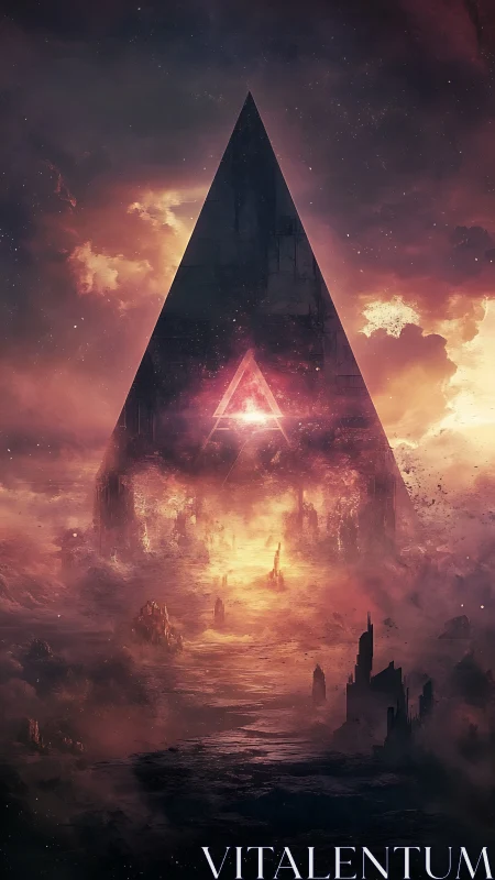 Cosmic triangular monolith glows above a ruined world.