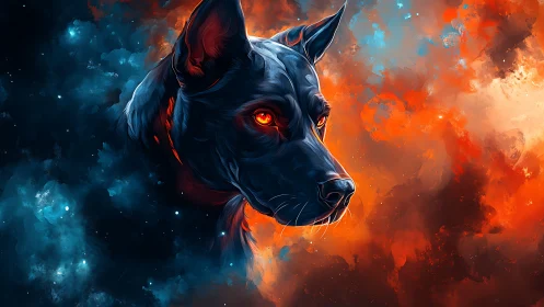 Canine head rendered in contrasting blue and orange nebula field